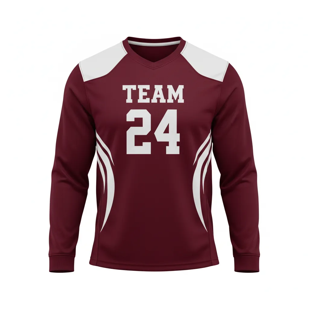 Custom Football Long Sleeve T Shirt - Maroon, White - Abstract Swoosh - Front View - Kinexa Sportswear