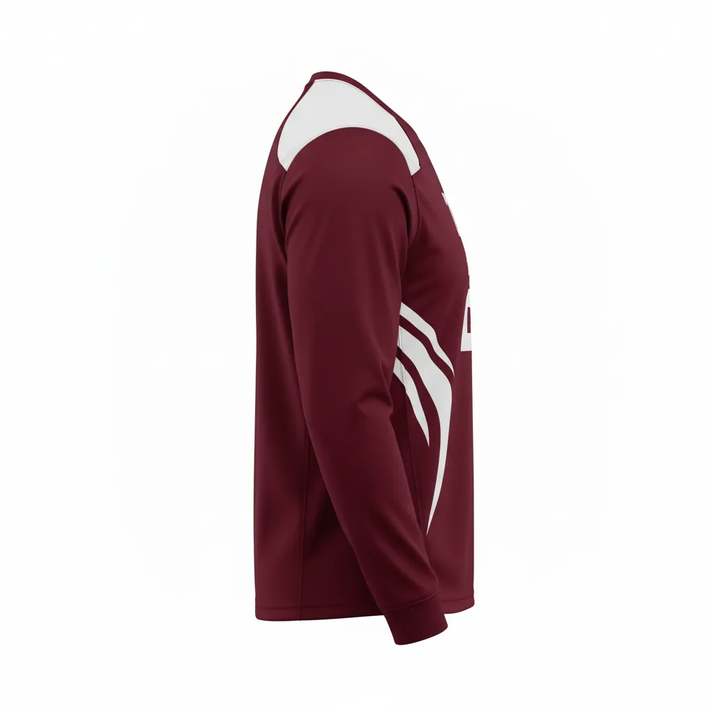 Custom Football Long Sleeve T Shirt - Maroon, White - Abstract Swoosh - Side View - Kinexa Sportswear
