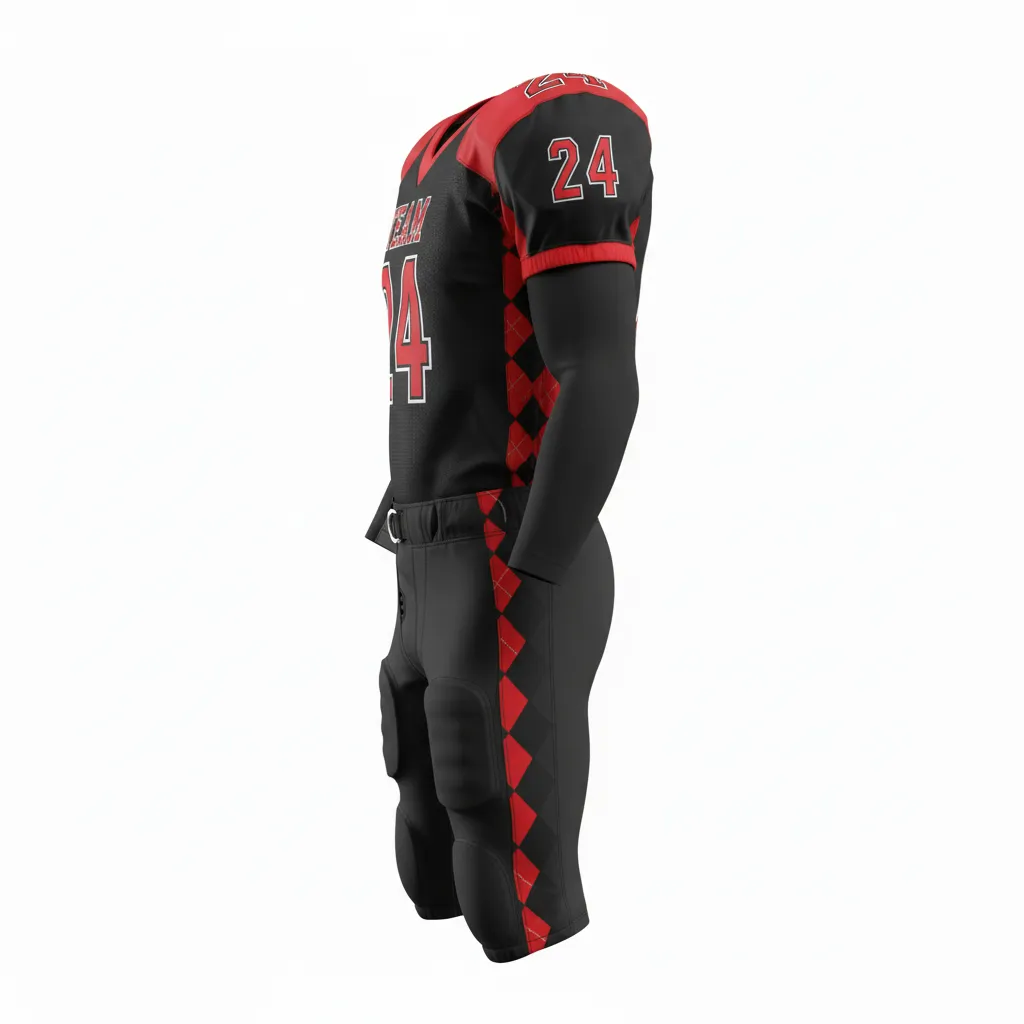 Custom Football Professional Away Football Uniforms - Black, Red - Argyle Pattern - Side View - Kinexa Sportswear