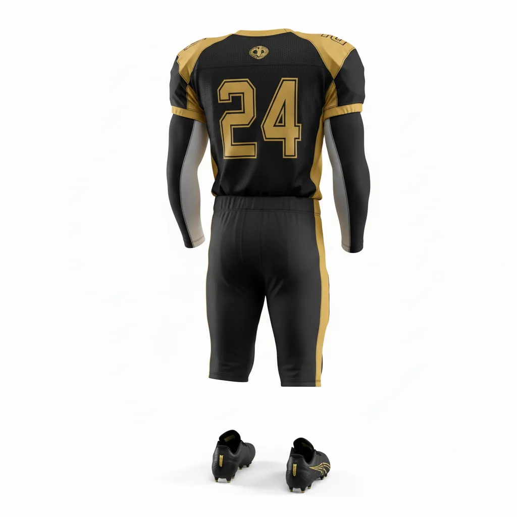 Custom Football Professional Away Football Uniforms - Black, Gold - Vegas Shoulder Hem Stripe - Back View - Kinexa Sportswear