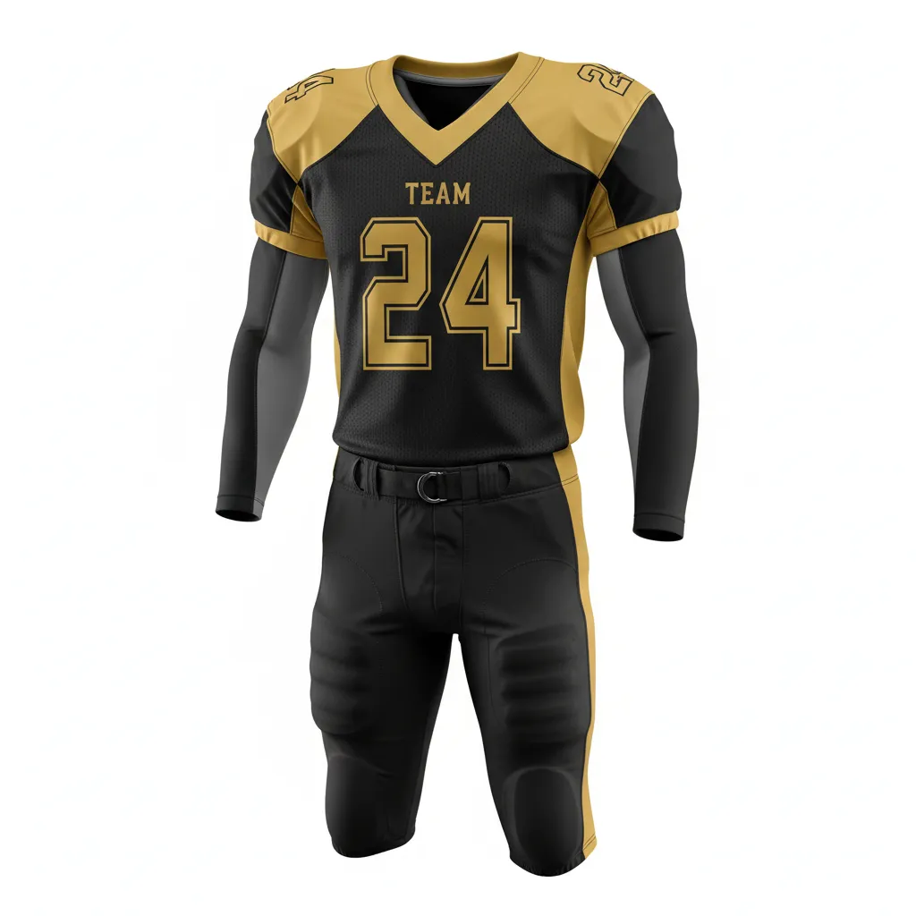 Custom Football Professional Away Football Uniforms - Black, Gold - Vegas Shoulder Hem Stripe - Front View - Kinexa Sportswear