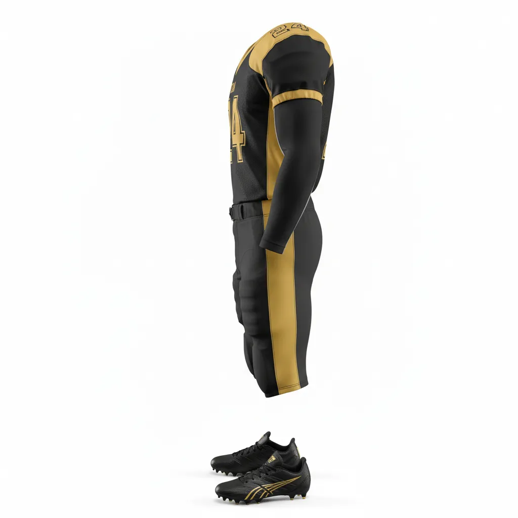Custom Football Professional Away Football Uniforms - Black, Gold - Vegas Shoulder Hem Stripe - Side View - Kinexa Sportswear