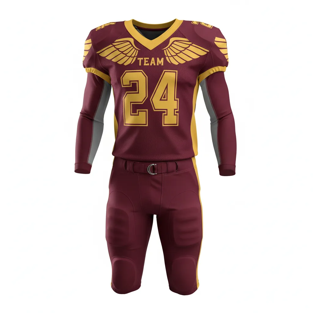 Custom Football Professional Away Football Uniforms - Burgundy, Gold - Vegas Shoulder Wings - Front View - Kinexa Sportswear