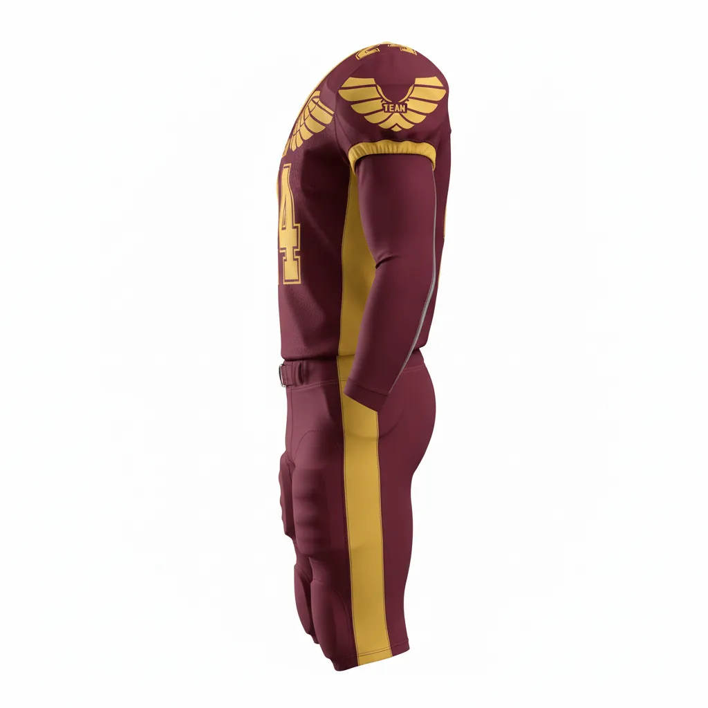 Custom Football Professional Away Football Uniforms - Burgundy, Gold - Vegas Shoulder Wings - Side View - Kinexa Sportswear
