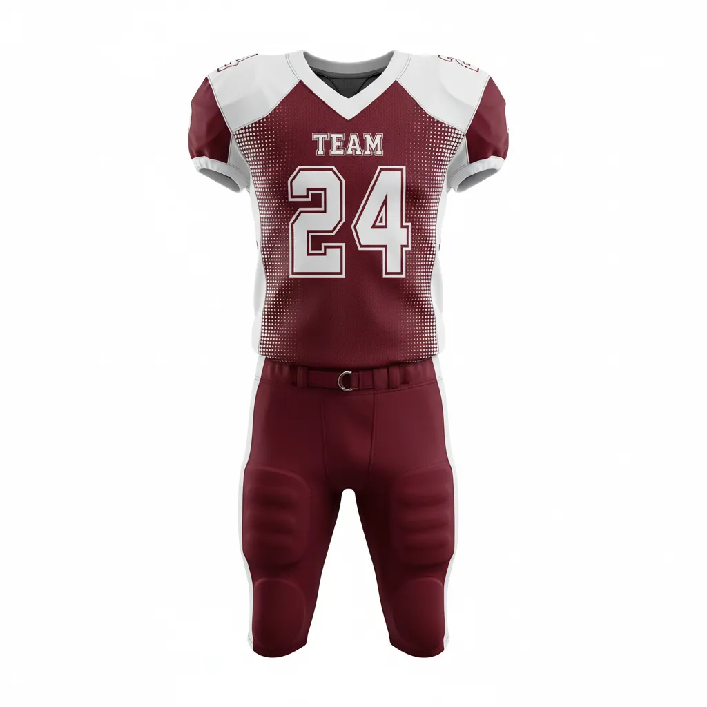 Custom Football Professional Football Uniforms - Burgundy, White - Halftone Dots - Front View - Kinexa Sportswear