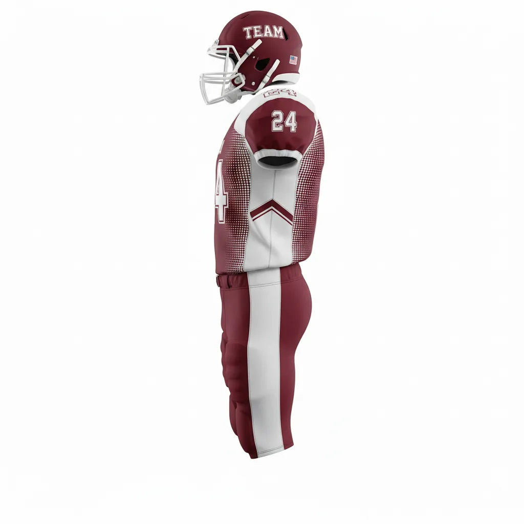 Custom Football Professional Football Uniforms - Burgundy, White - Halftone Dots - Side View - Kinexa Sportswear