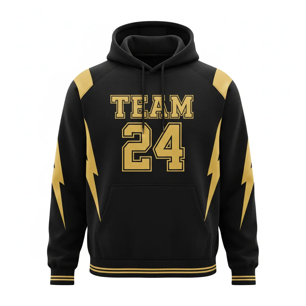 Custom Football Pullover Hoodie - Black, Gold - Vegas Lightning Bolt - Front View - Kinexa Sportswear