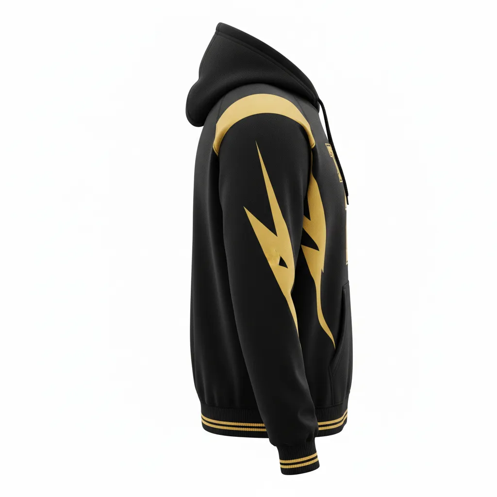 Custom Football Pullover Hoodie - Black, Gold - Vegas Lightning Bolt - Side View - Kinexa Sportswear