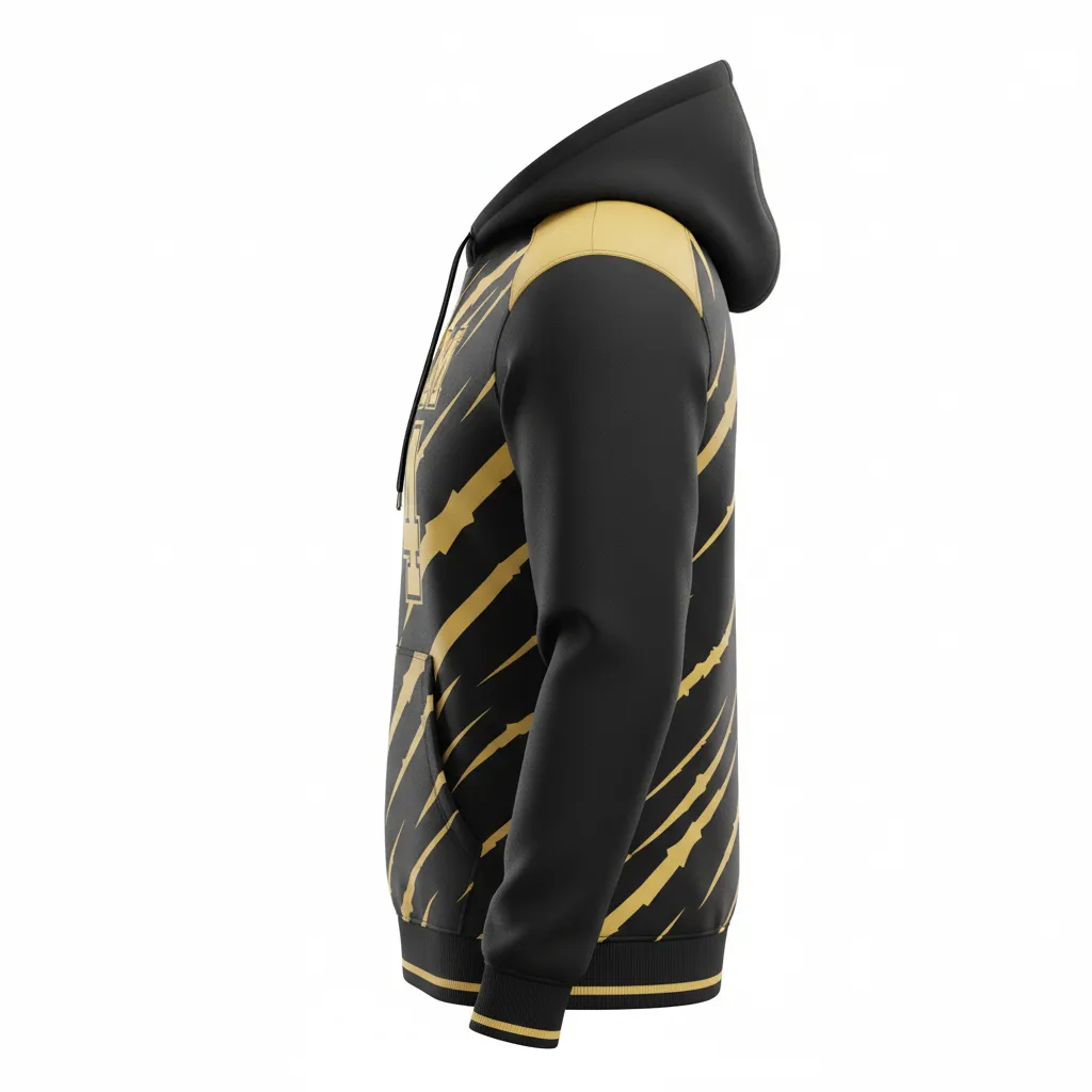 Custom Football Pullover Hoodie - Black, Gold - Vegas Razor Slash - Side View - Kinexa Sportswear
