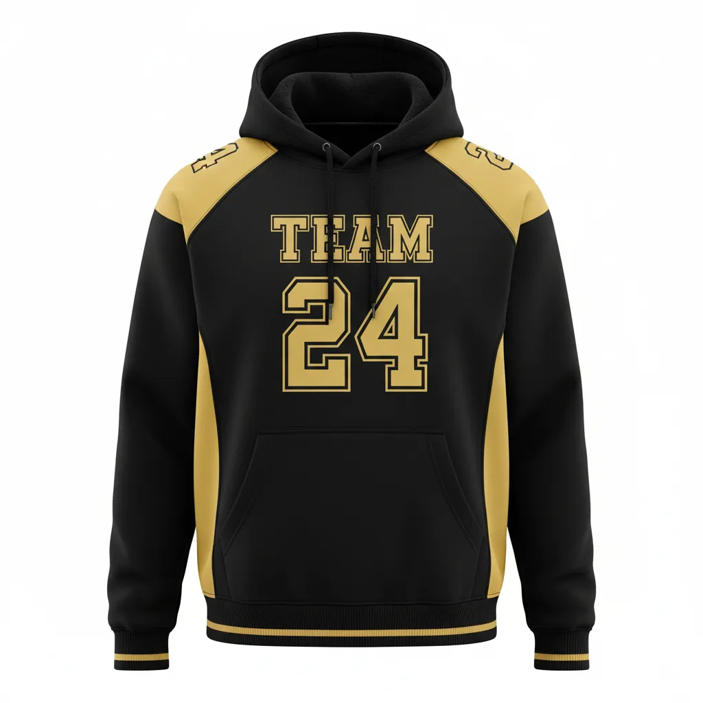 Custom Football Pullover Hoodie - Black, Gold - Vegas Side Panel - Front View - Kinexa Sportswear