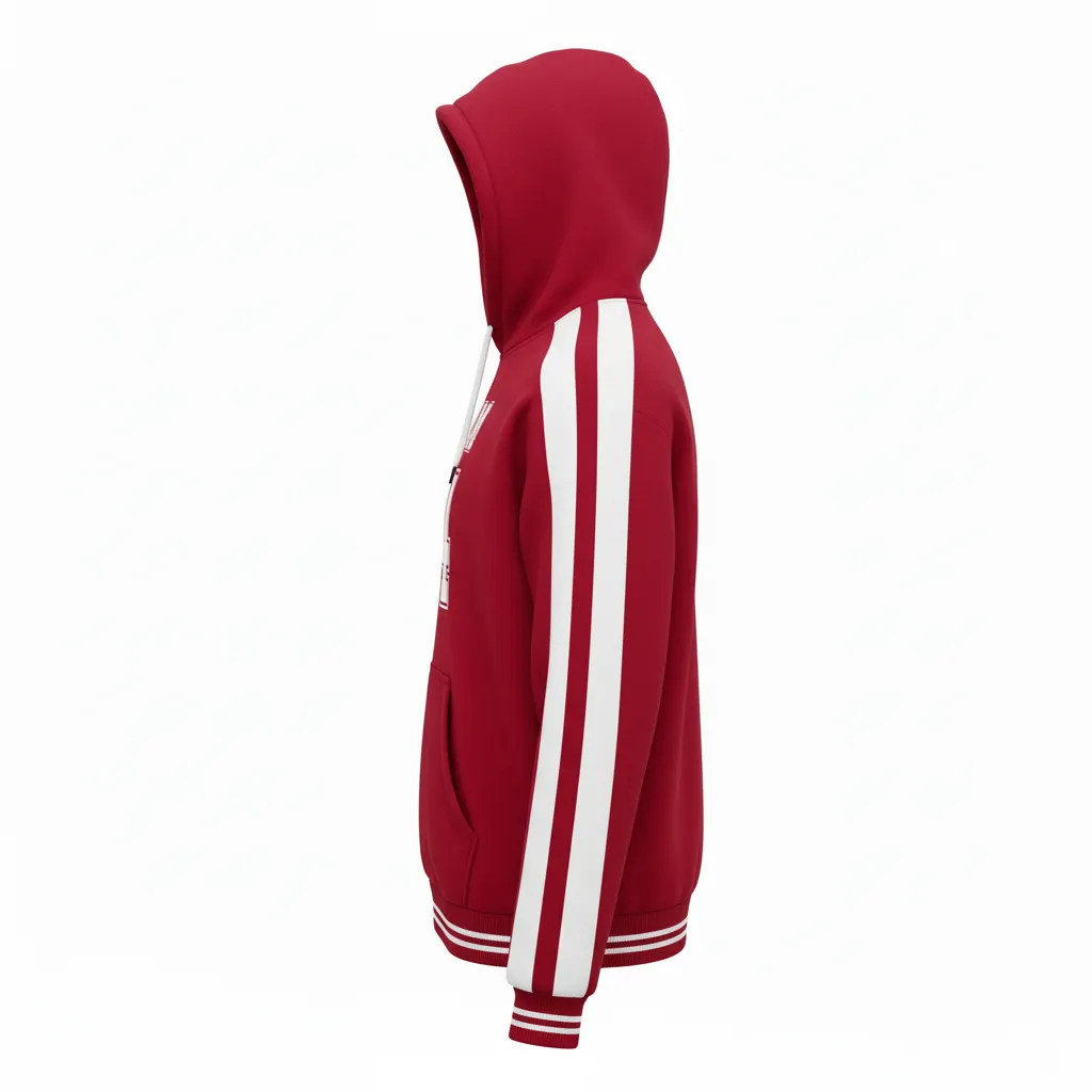 Custom Football Pullover Hoodie - White - Cardinal Shoulder Hem Stripe - Side View - Kinexa Sportswear
