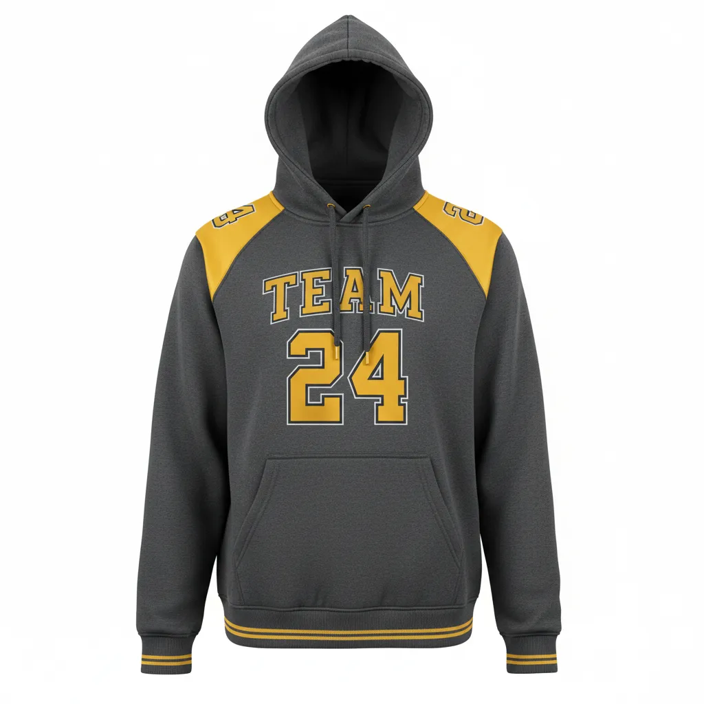 Custom Football Pullover Hoodie - Gold - Charcoal Vegas Shoulder - Front View - Kinexa Sportswear