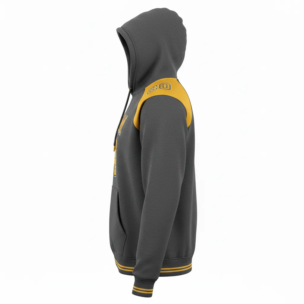 Custom Football Pullover Hoodie - Gold - Charcoal Vegas Shoulder - Side View - Kinexa Sportswear