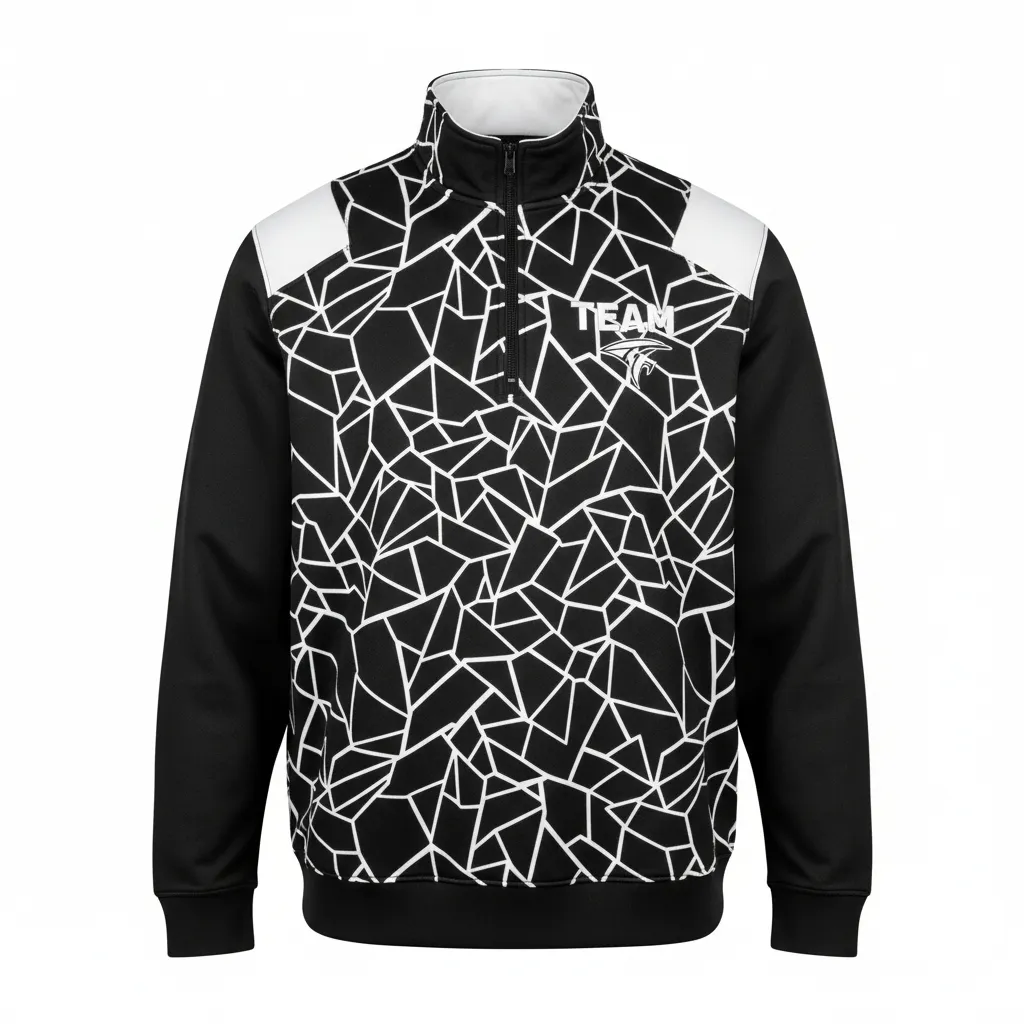 Custom Football Quarter Zipper Pullover - Black, White - Shattered Glass - Front View - Kinexa Sportswear