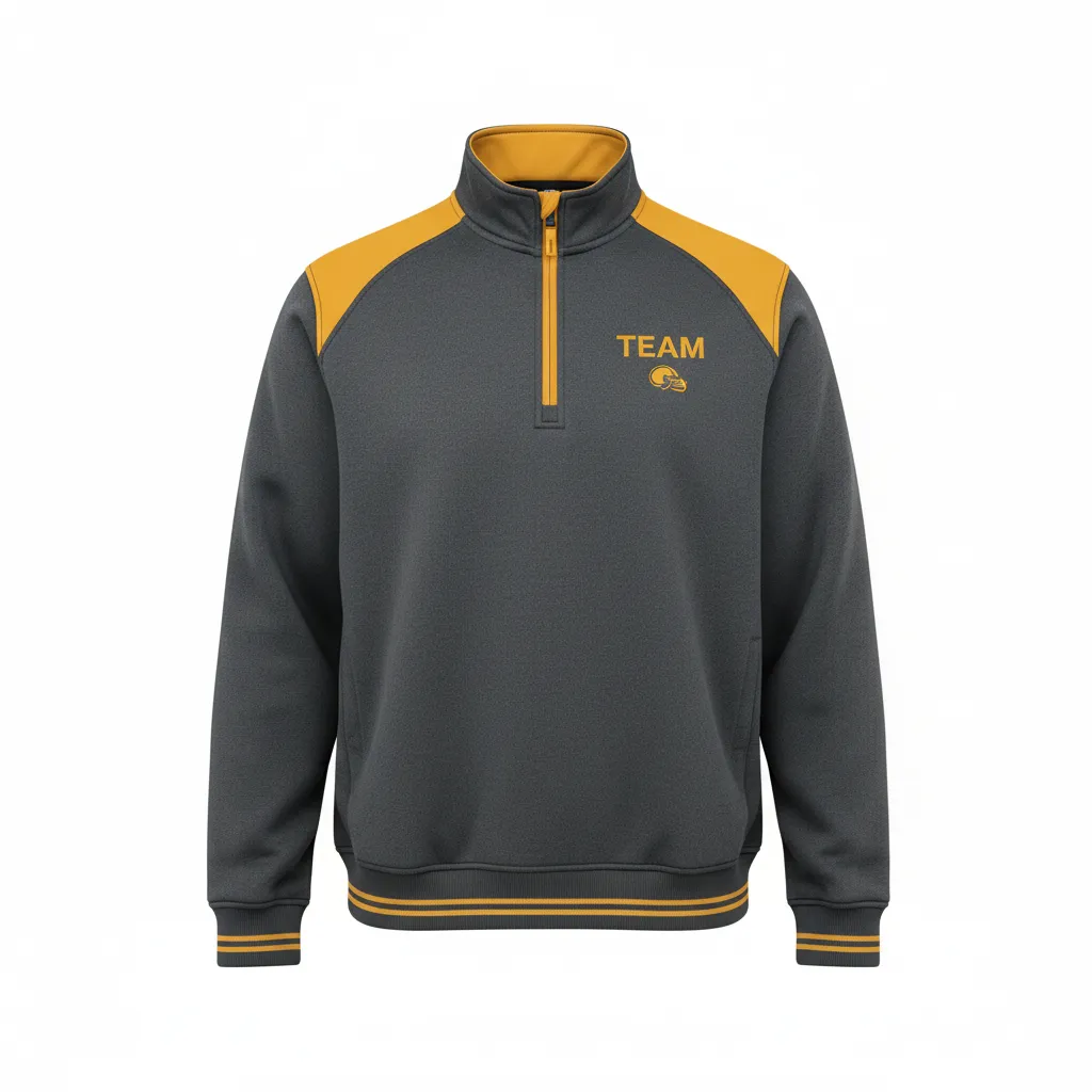 Custom Football Quarter Zipper Pullover - Gold - Charcoal Vegas Shoulder - Front View - Kinexa Sportswear