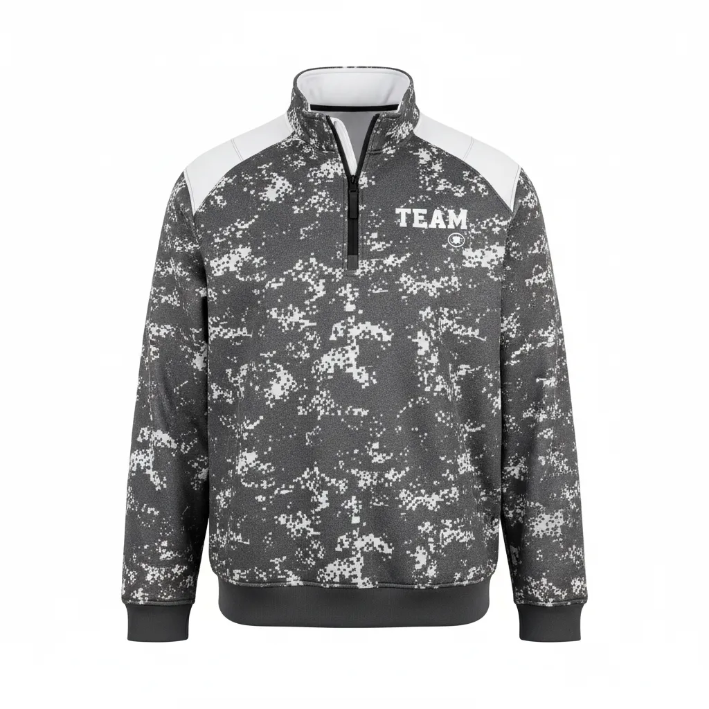 Custom Football Quarter Zipper Pullover - White - Charcoal Digital Camo - Front View - Kinexa Sportswear