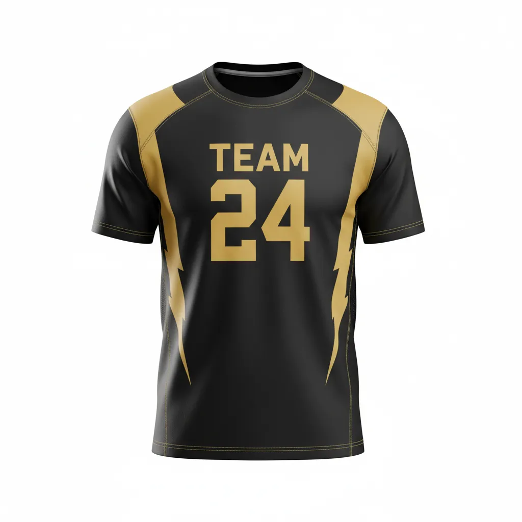 Custom Football Short Sleeve T Shirt - Black, Gold - Vegas Lightning Bolt - Front View - Kinexa Sportswear