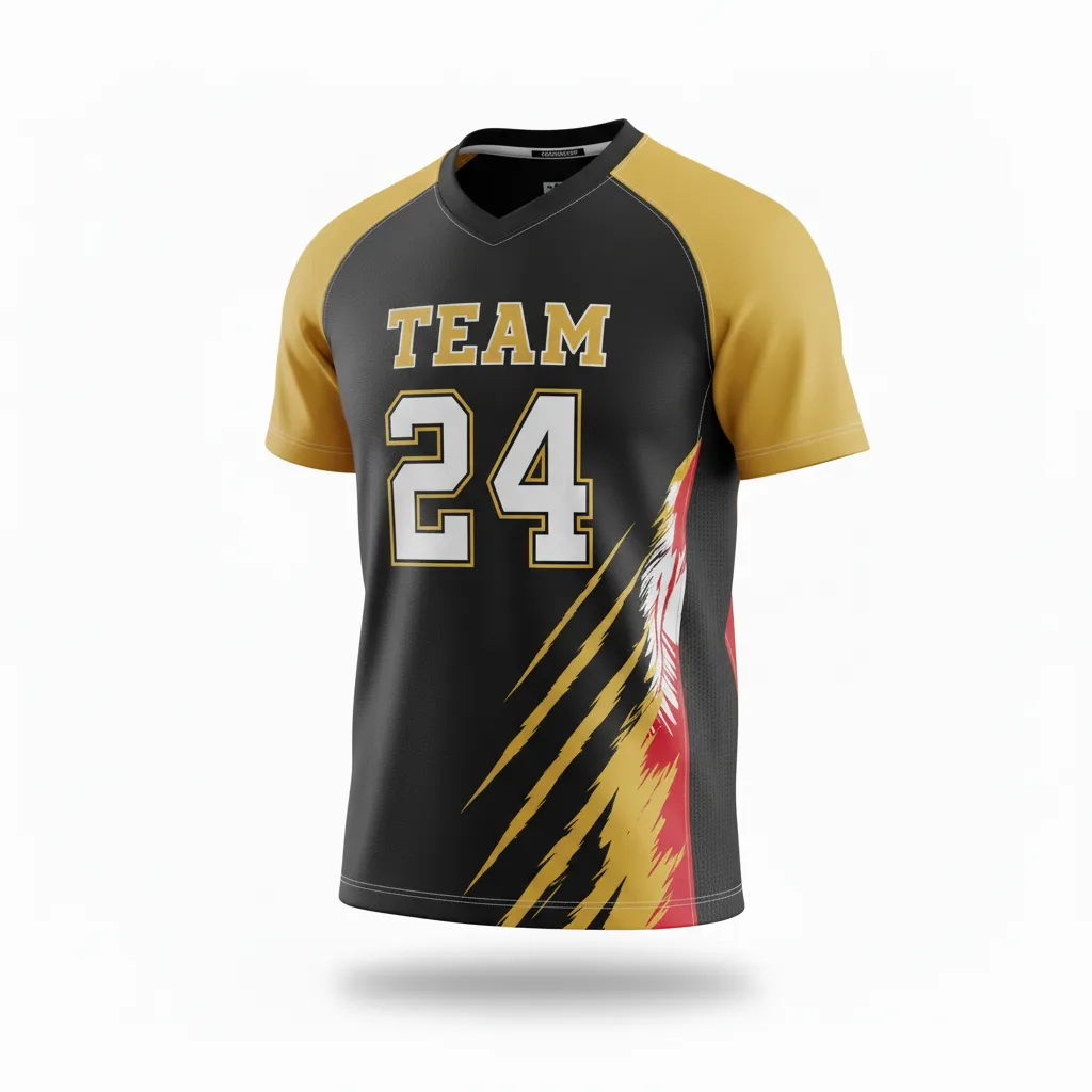 Custom Football Short Sleeve T Shirt - Black, Gold - Vegas Razor Slash - Front View - Kinexa Sportswear