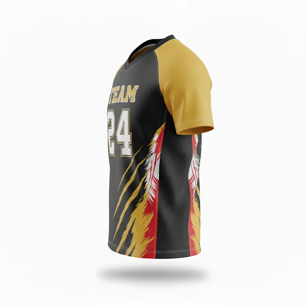 Custom Football Short Sleeve T Shirt - Black, Gold - Vegas Razor Slash - Side View - Kinexa Sportswear