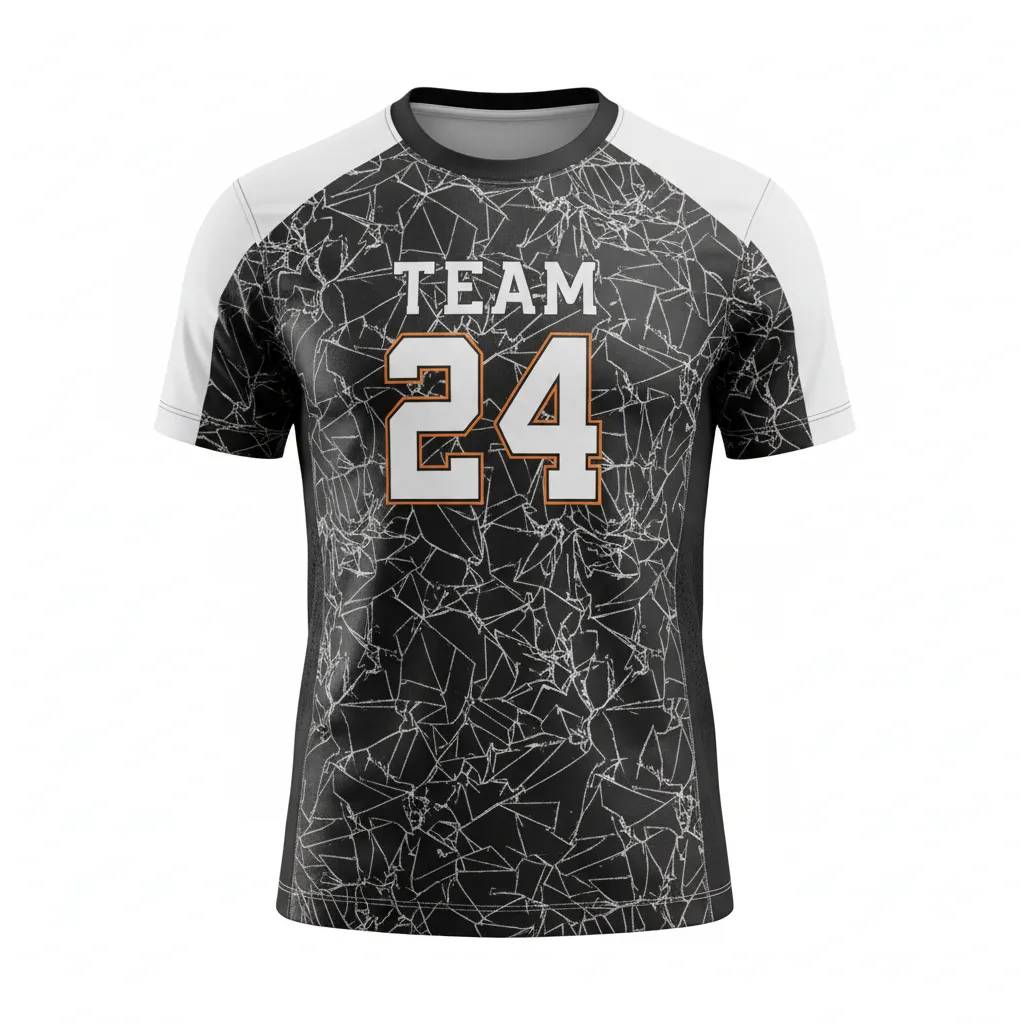 Custom Football Short Sleeve T Shirt - Black, White - Shattered Glass - Front View - Kinexa Sportswear