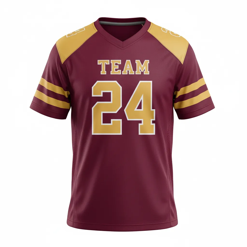 Custom Football Short Sleeve T Shirt - Burgundy, Gold - Vegas Triple Stripe - Front View - Kinexa Sportswear