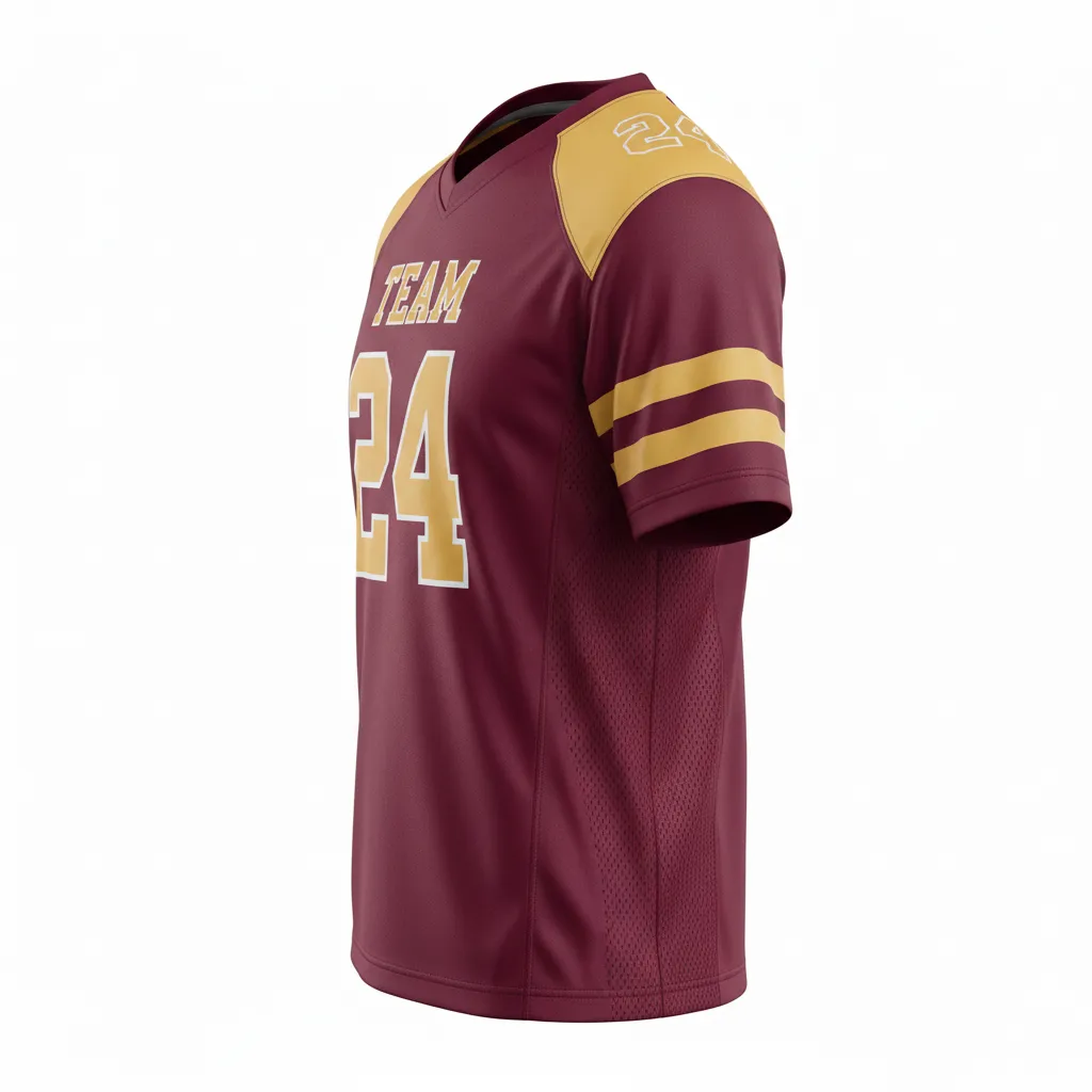 Custom Football Short Sleeve T Shirt - Burgundy, Gold - Vegas Triple Stripe - Side View - Kinexa Sportswear