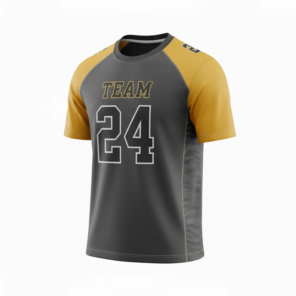 Custom Football Short Sleeve T Shirt - Gold - Charcoal Vegas Shoulder - Front View - Kinexa Sportswear