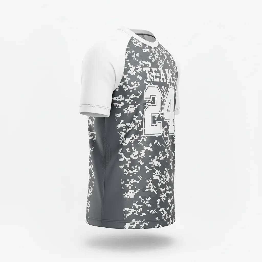 Custom Football Short Sleeve T Shirt - White - Charcoal Digital Camo - Side View - Kinexa Sportswear