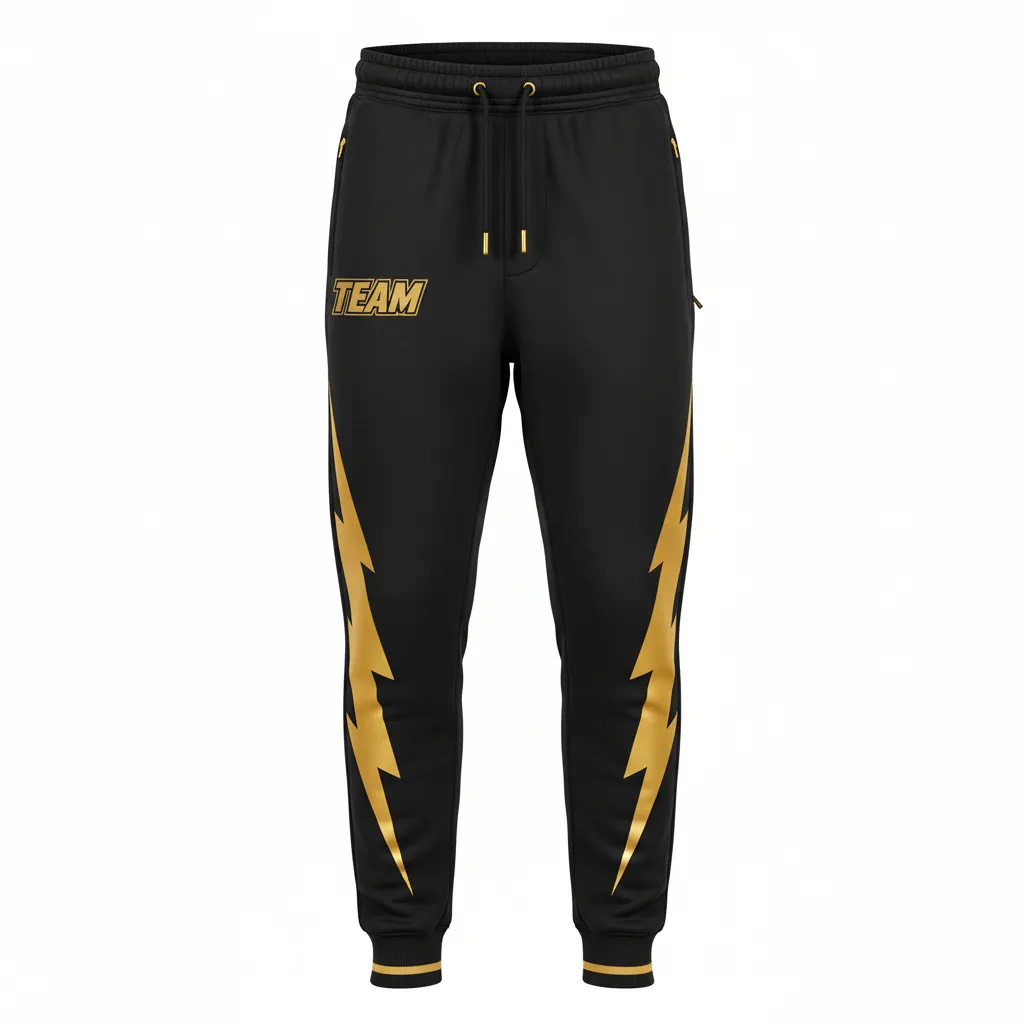 Custom Football Sweatpant - Black, Gold - Vegas Lightning Bolt - Front View - Kinexa Sportswear