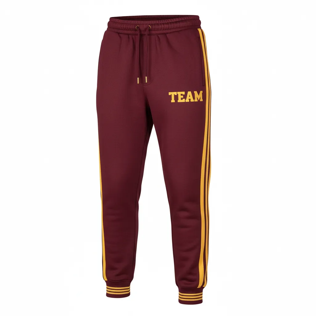 Custom Football Sweatpant - Burgundy, Gold - Vegas Triple Stripe - Front View - Kinexa Sportswear