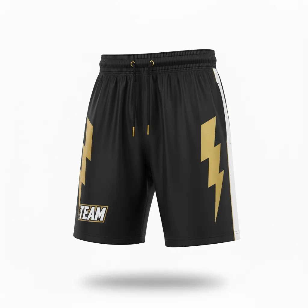 Custom Football Training Shorts - Black, Gold - Vegas Lightning Bolt - Front View - Kinexa Sportswear