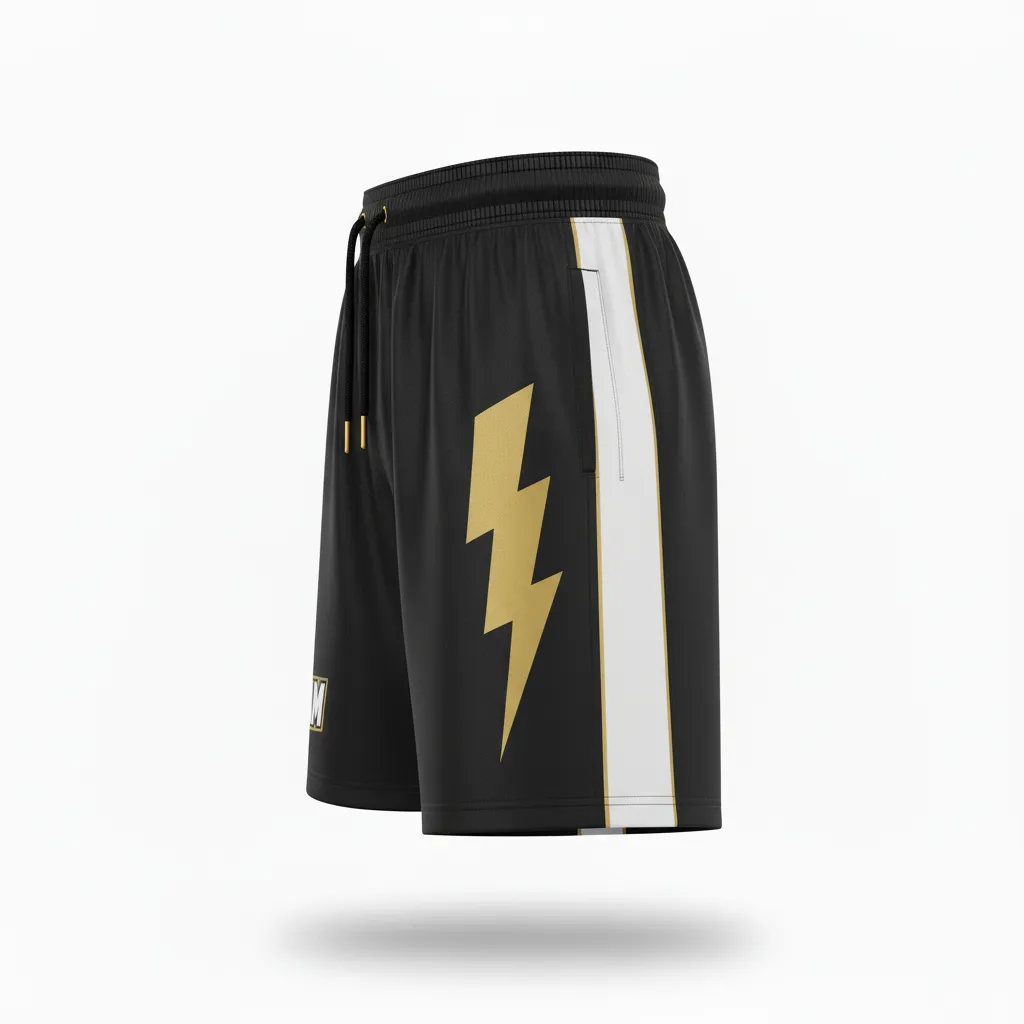 Custom Football Training Shorts - Black, Gold - Vegas Lightning Bolt - Side View - Kinexa Sportswear