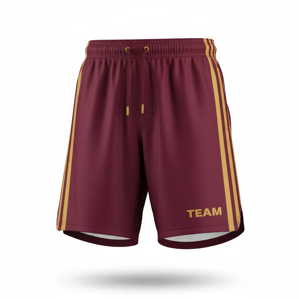 Custom Football Training Shorts - Burgundy, Gold - Vegas Triple Stripe - Front View - Kinexa Sportswear