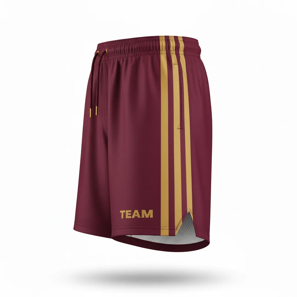 Custom Football Training Shorts - Burgundy, Gold - Vegas Triple Stripe - Side View - Kinexa Sportswear