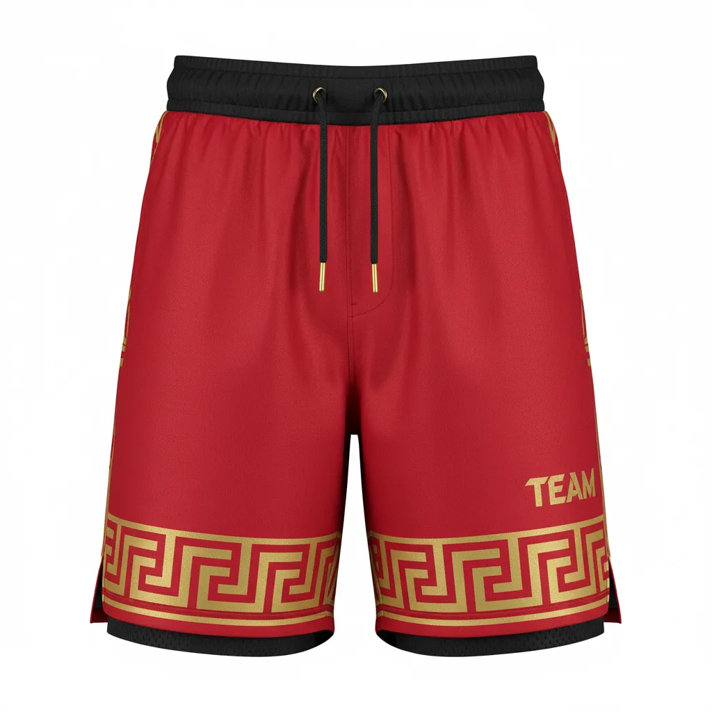 Custom Football Training Shorts - Gold - Cardinal Vegas Greek Key - Front View - Kinexa Sportswear