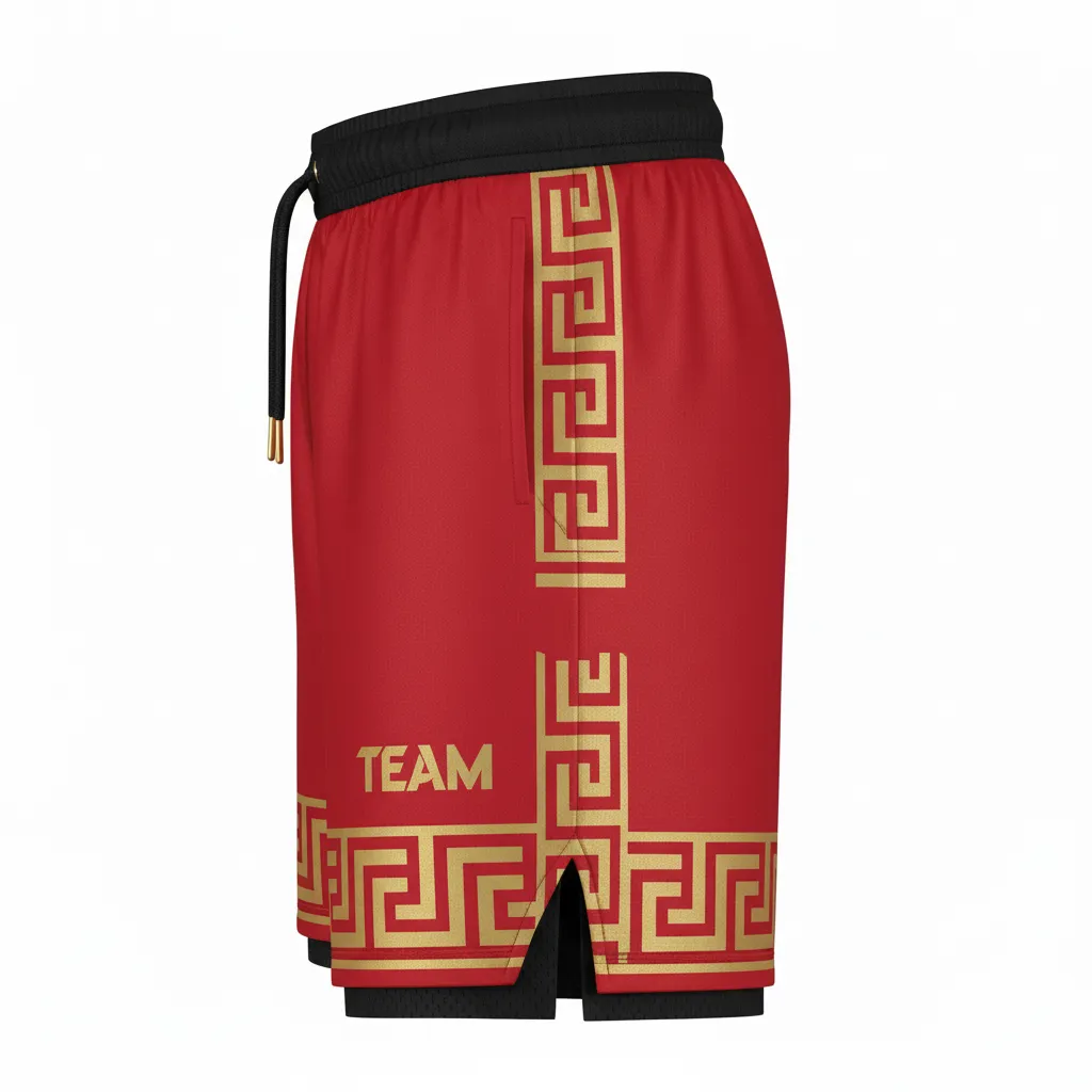 Custom Football Training Shorts - Gold - Cardinal Vegas Greek Key - Side View - Kinexa Sportswear