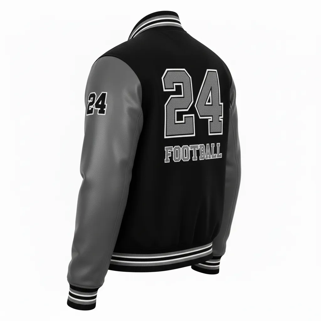 Custom Football Varsity Jacket - Black, Grey, White - Gradient Ombre - Back View - Kinexa Sportswear