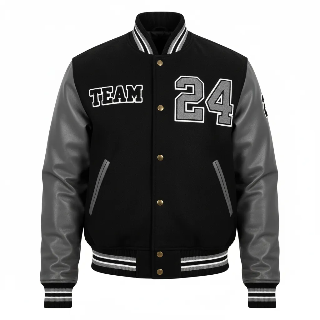 Custom Football Varsity Jacket - Black, Grey, White - Gradient Ombre - Front View - Kinexa Sportswear