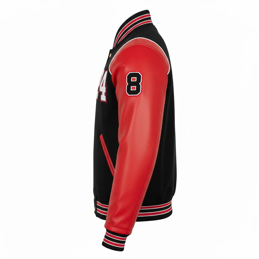 Custom Football Varsity Jacket - Black, Red, White - Tricolor - Side View - Kinexa Sportswear