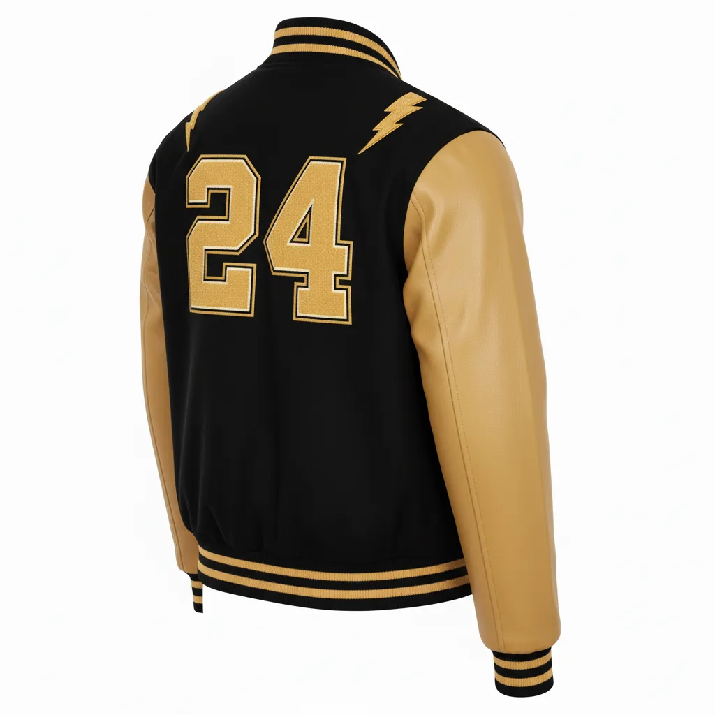 Custom Football Varsity Jacket - Black, Gold - Vegas Lightning Bolt - Back View - Kinexa Sportswear