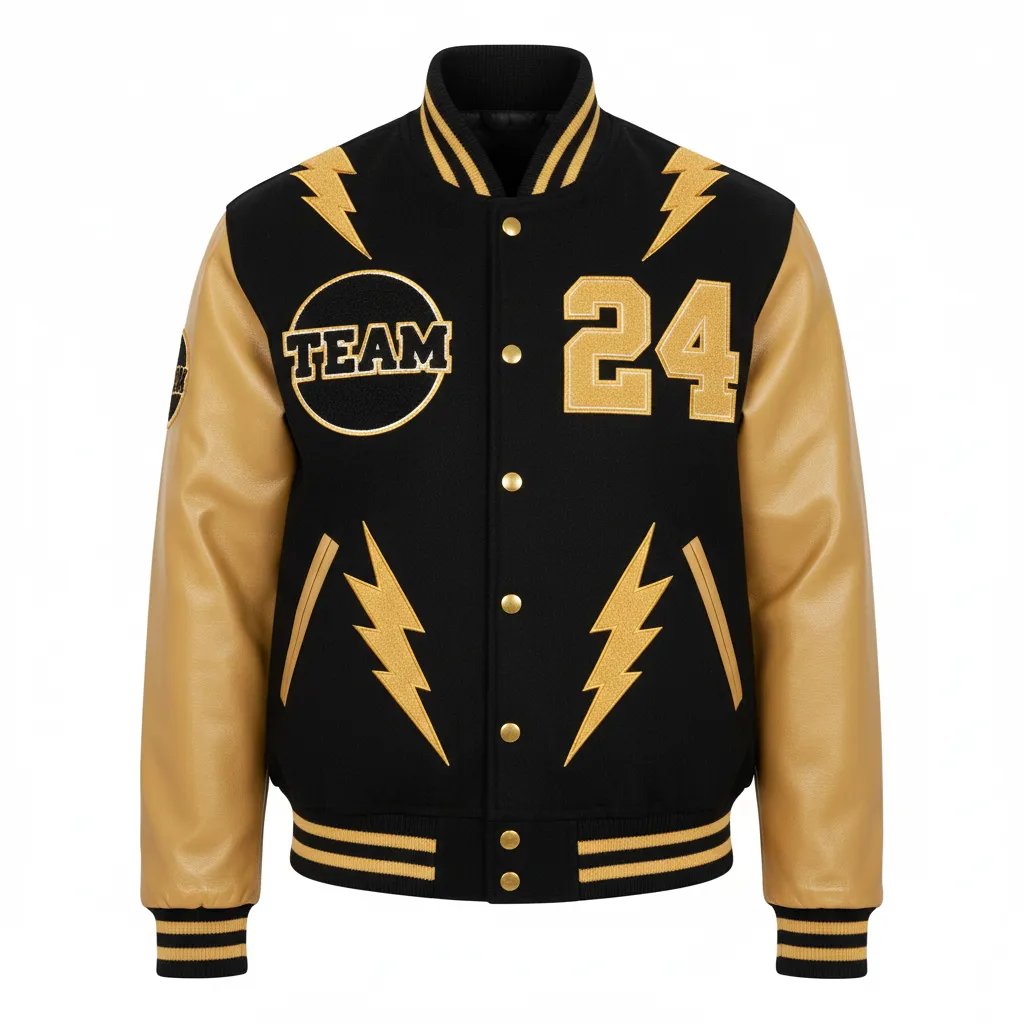 Custom Football Varsity Jacket - Black, Gold - Vegas Lightning Bolt - Front View - Kinexa Sportswear