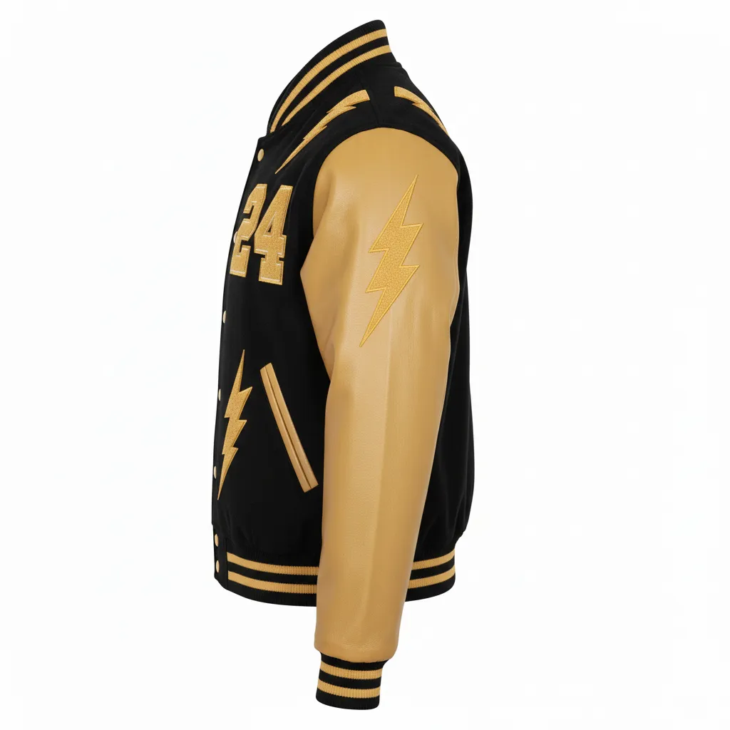 Custom Football Varsity Jacket - Black, Gold - Vegas Lightning Bolt - Side View - Kinexa Sportswear