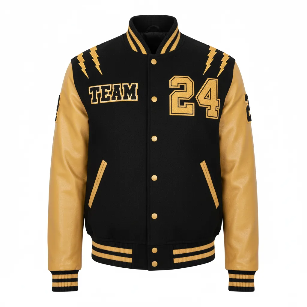 Custom Football Varsity Jacket - Black, Gold - Vegas Razor Slash - Front View - Kinexa Sportswear