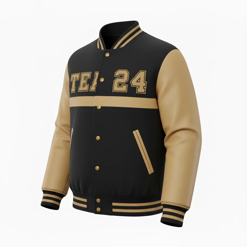 Custom Football Varsity Jacket - Black, Gold - Vegas Side Panel - Front View - Kinexa Sportswear
