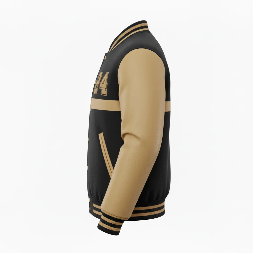 Custom Football Varsity Jacket - Black, Gold - Vegas Side Panel - Side View - Kinexa Sportswear