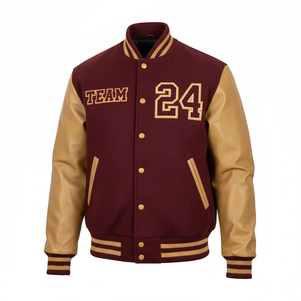 Custom Football Varsity Jacket - Burgundy, Gold - Vegas Triple Stripe - Front View - Kinexa Sportswear
