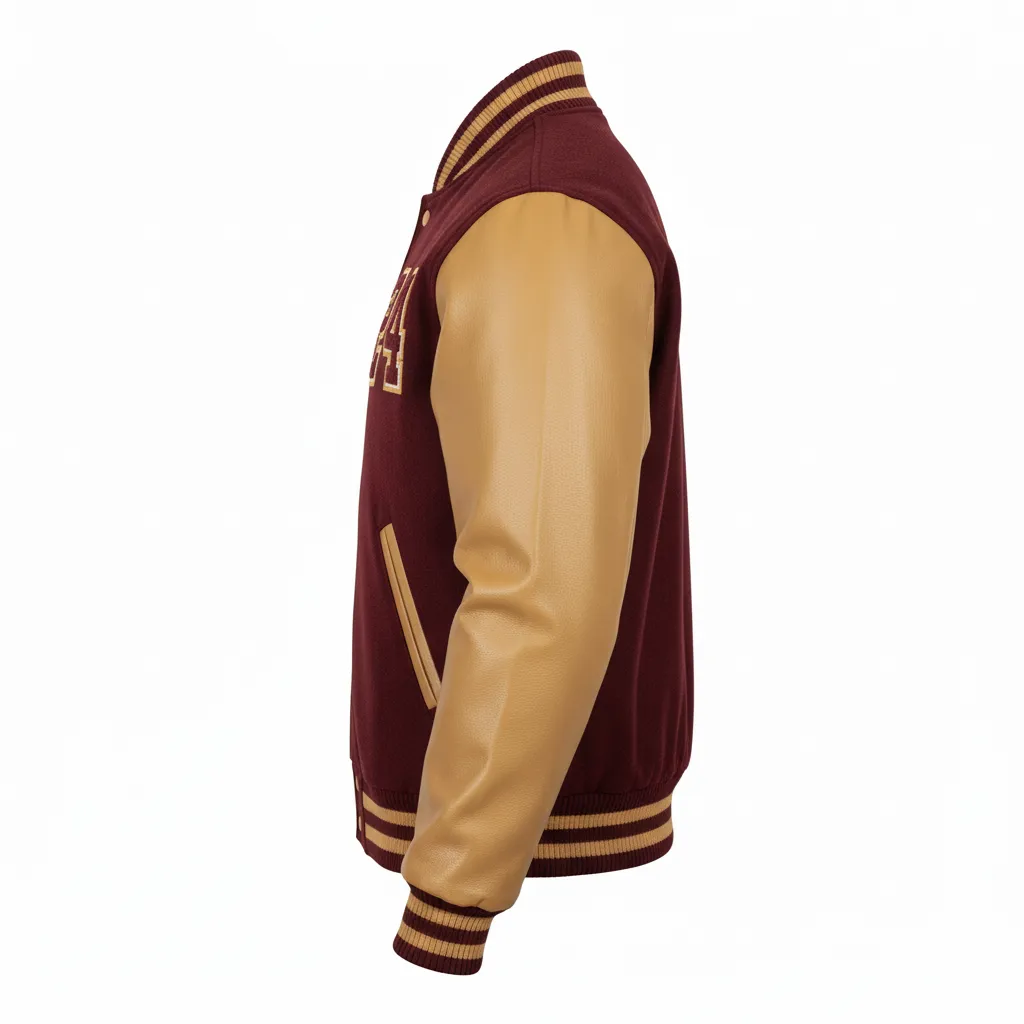 Custom Football Varsity Jacket - Burgundy, Gold - Vegas Triple Stripe - Side View - Kinexa Sportswear