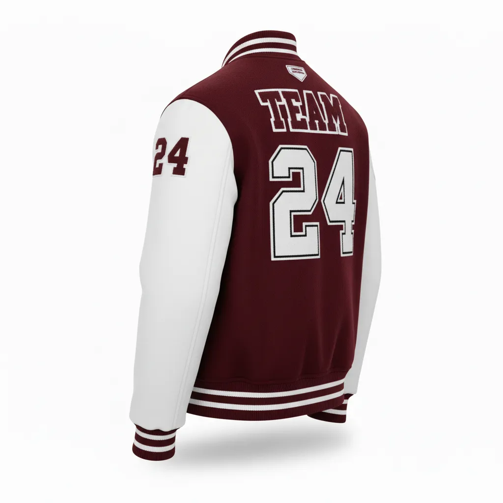 Custom Football Varsity Jacket - Burgundy, White - Halftone Dots - Back View - Kinexa Sportswear
