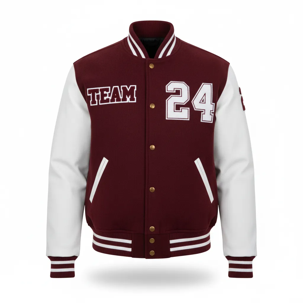 Custom Football Varsity Jacket - Burgundy, White - Halftone Dots - Front View - Kinexa Sportswear