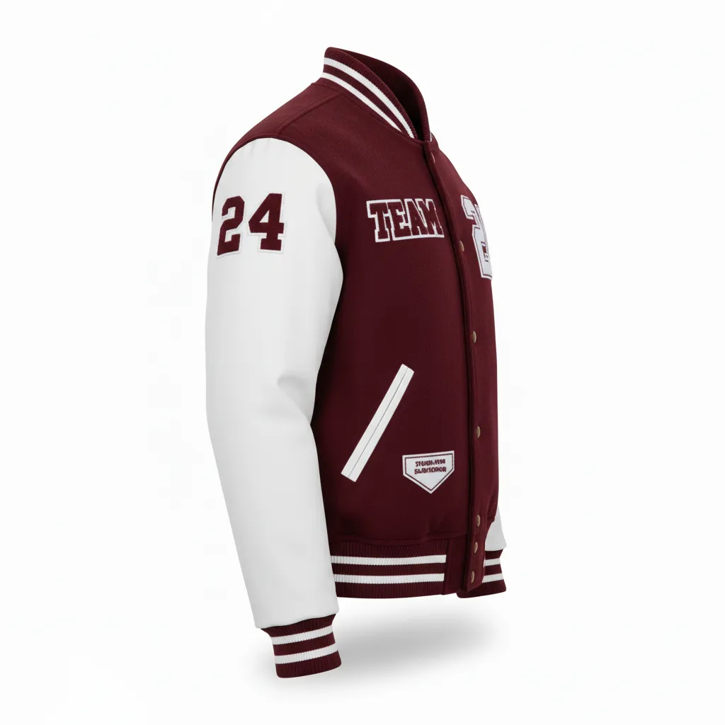 Custom Football Varsity Jacket - Burgundy, White - Halftone Dots - Side View - Kinexa Sportswear